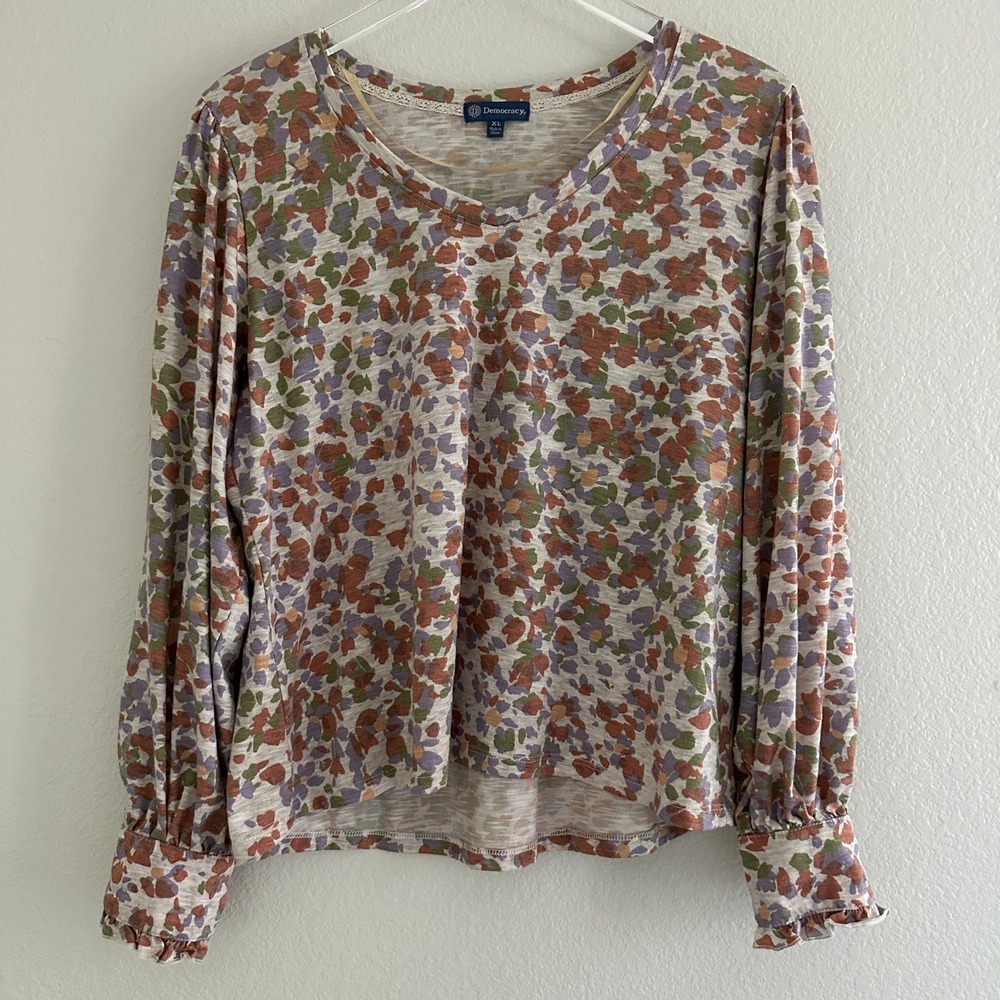 Democracy Floral V-Neck Top Women XL Multicolor Ruffle Button Cuff B7031TK8E